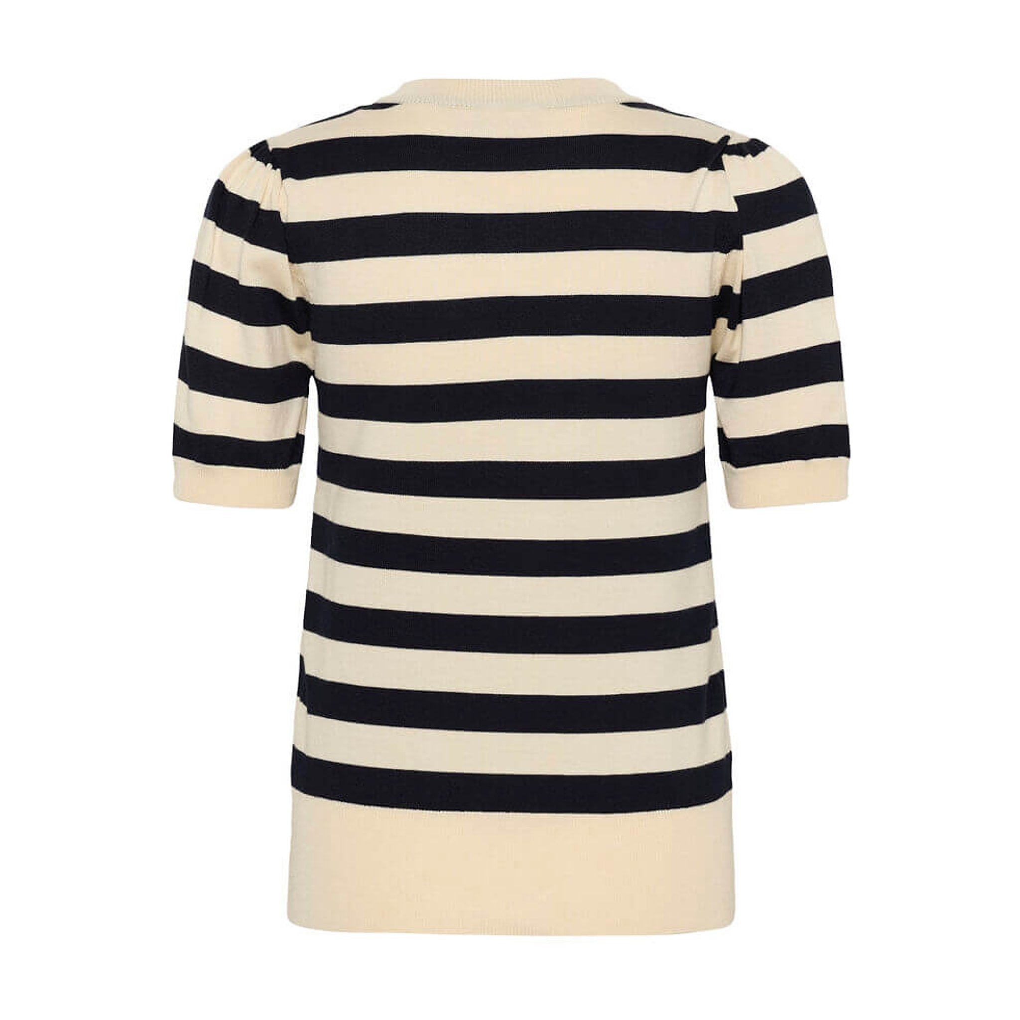 Navy og lys beige stribet pullover med korte ærmer og ribkant forneden, set bagfra