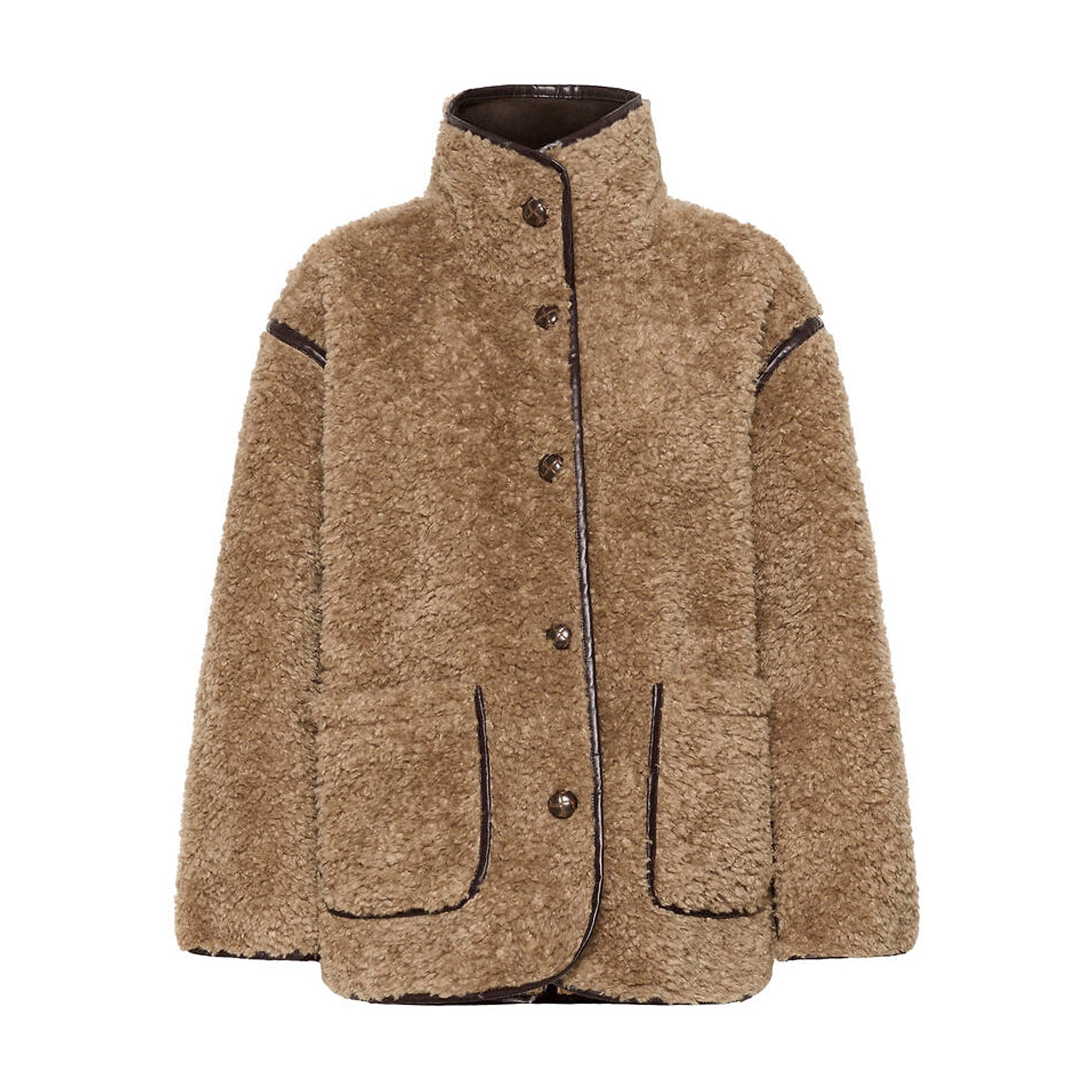 Brun jakke i teddy-look fra Saint Tropez med høj krave, knapper og lommer med mørkebrune kanter, set forfra
