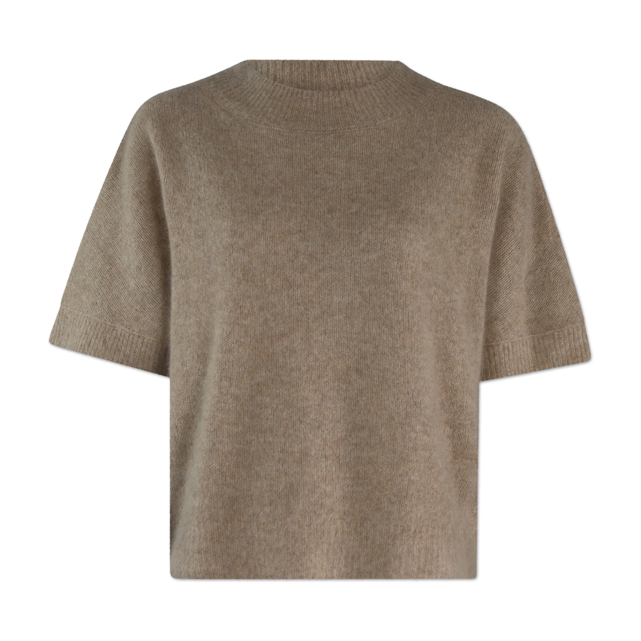 Beige meleret kortærmet strik Doanna Knit fra Six Ames set forfra med rund hals og ribkanter