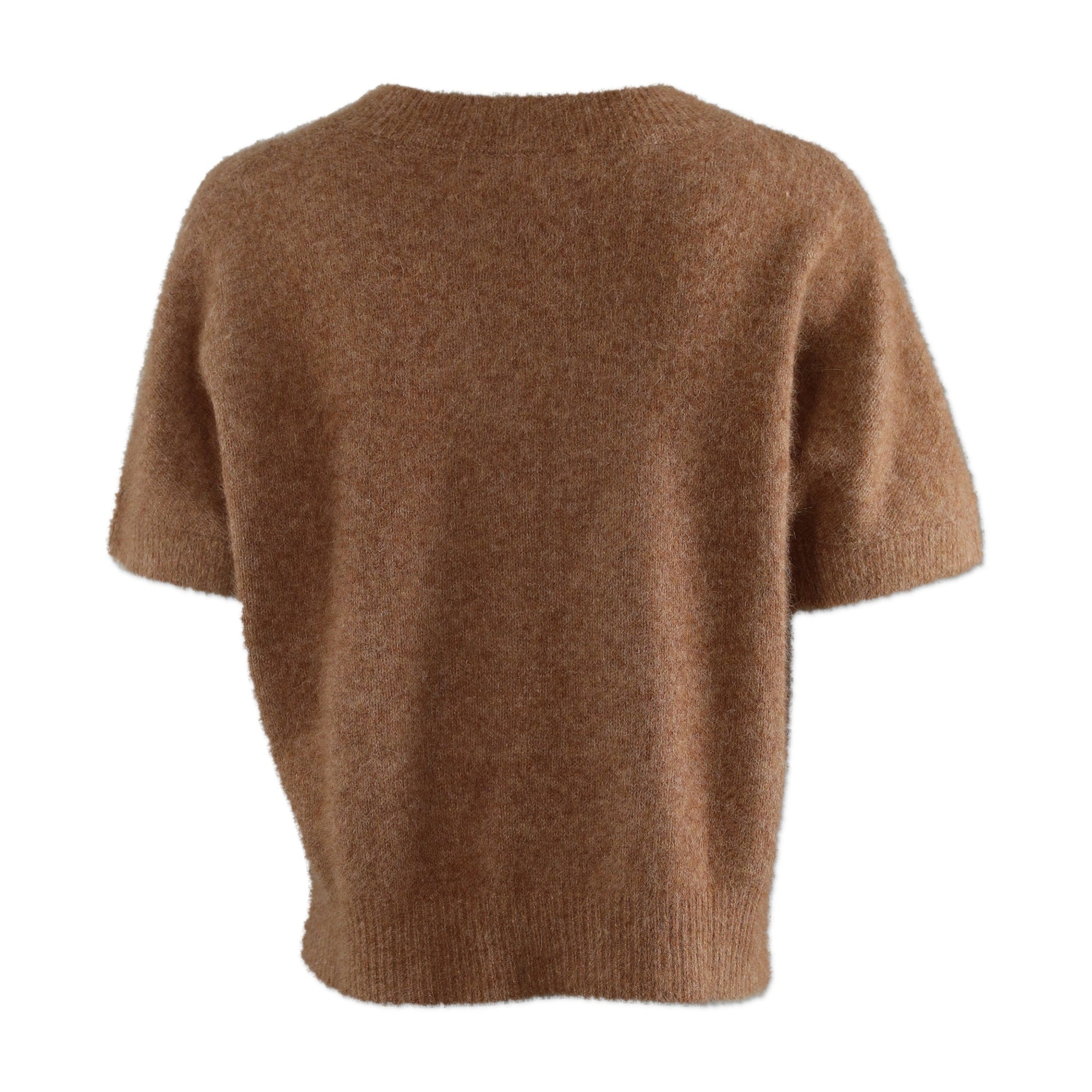 Brun kortærmet strik Doanna Knit i Acorn Melange fra Six Ames set bagfra med fluffy overflade og ribkant
