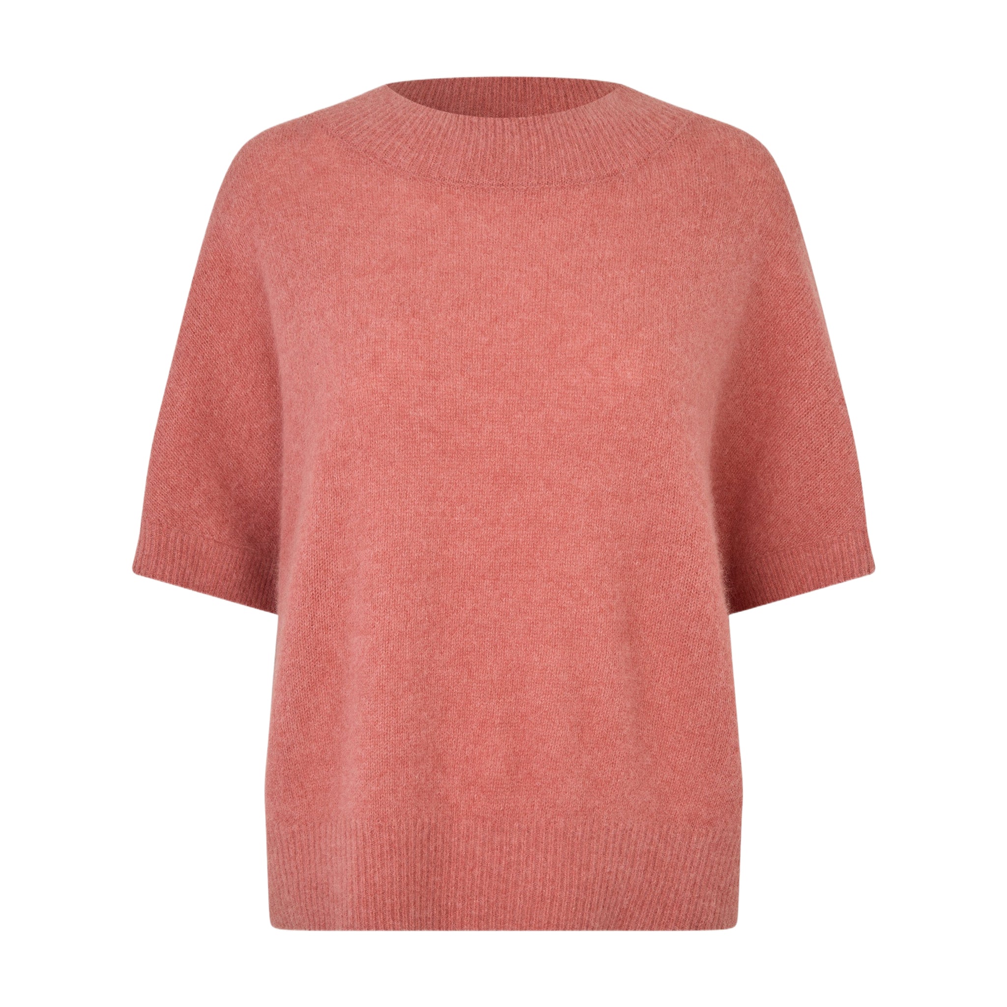Pink kortærmet strik Doanna Knit fra Six Ames i Rosewood Pink Melange set forfra med rund hals og ribkanter