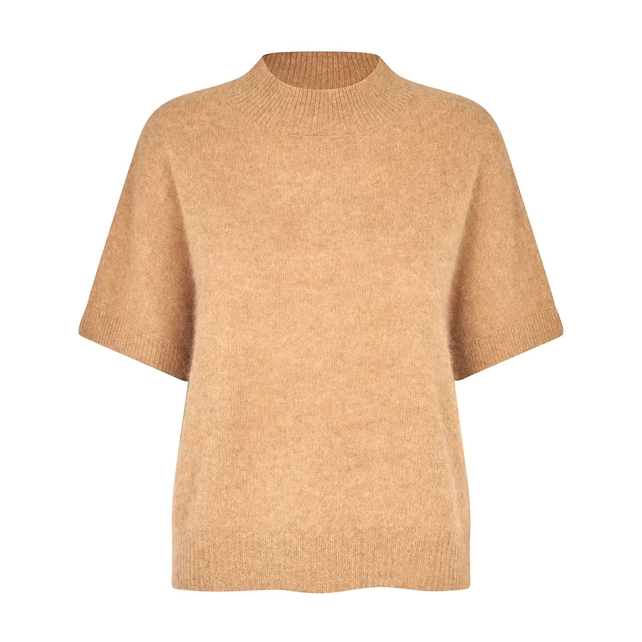 Beige kortærmet strik fra Six Ames med høj hals og ribkanter, set forfra