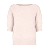 Beige strik Moi Knit fra Six Ames i Oatmeal Beige med bred halsudskæring og korte ærmer, set forfra