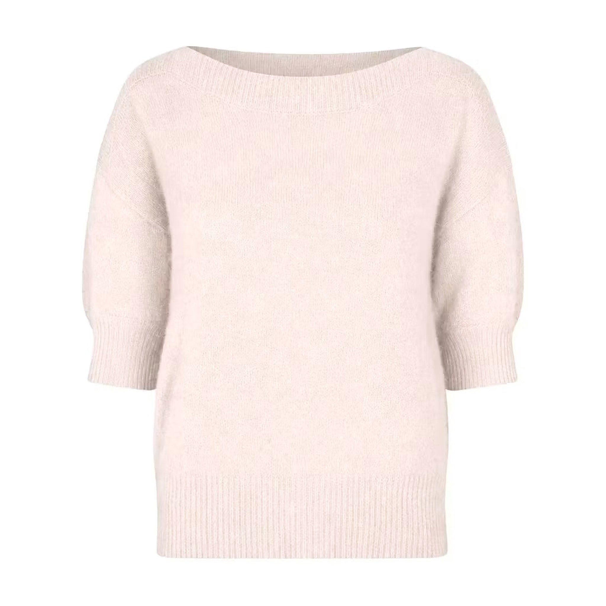 Beige strik Moi Knit fra Six Ames i Oatmeal Beige med bred halsudskæring og korte ærmer, set forfra