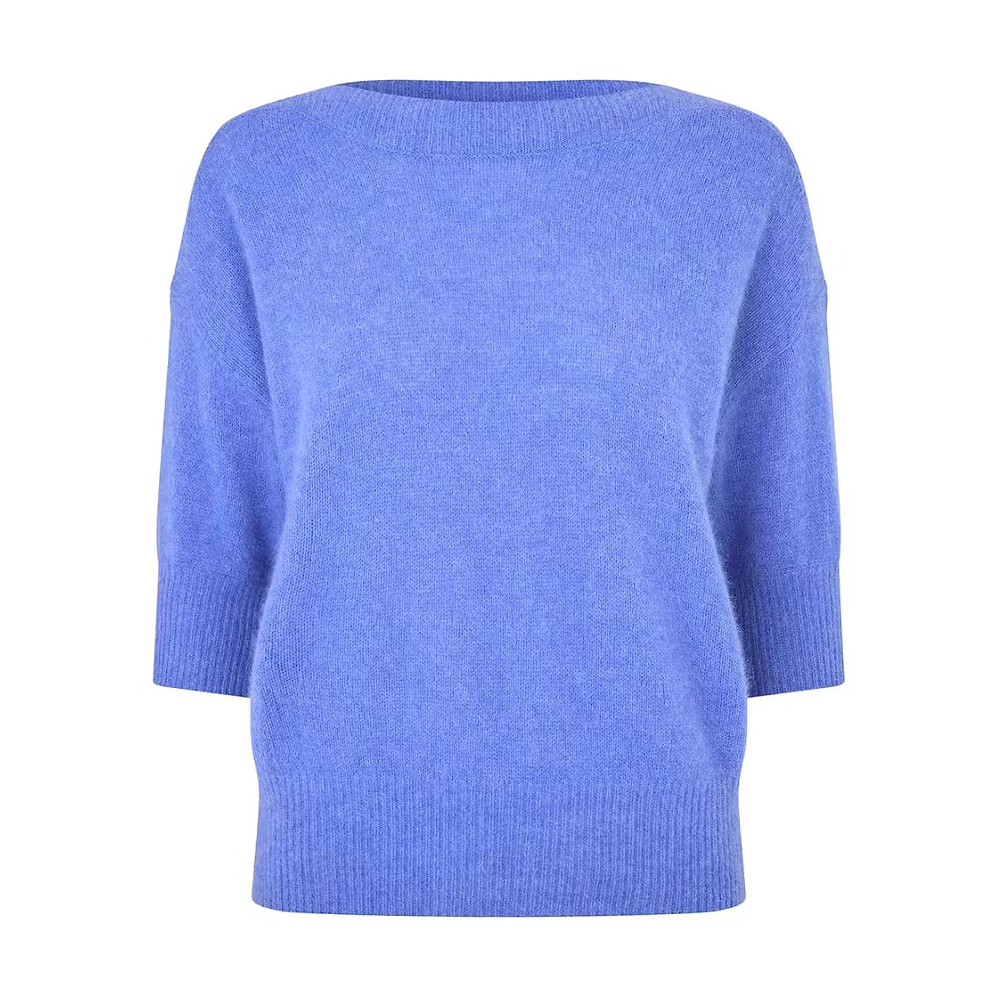 Blå strik Moi Knit fra Six Ames i Coastal Blue Melange set forfra med bred halsudskæring og korte ærmer