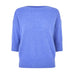 Blå strik Moi Knit fra Six Ames i Coastal Blue Melange set forfra med bred halsudskæring og korte ærmer
