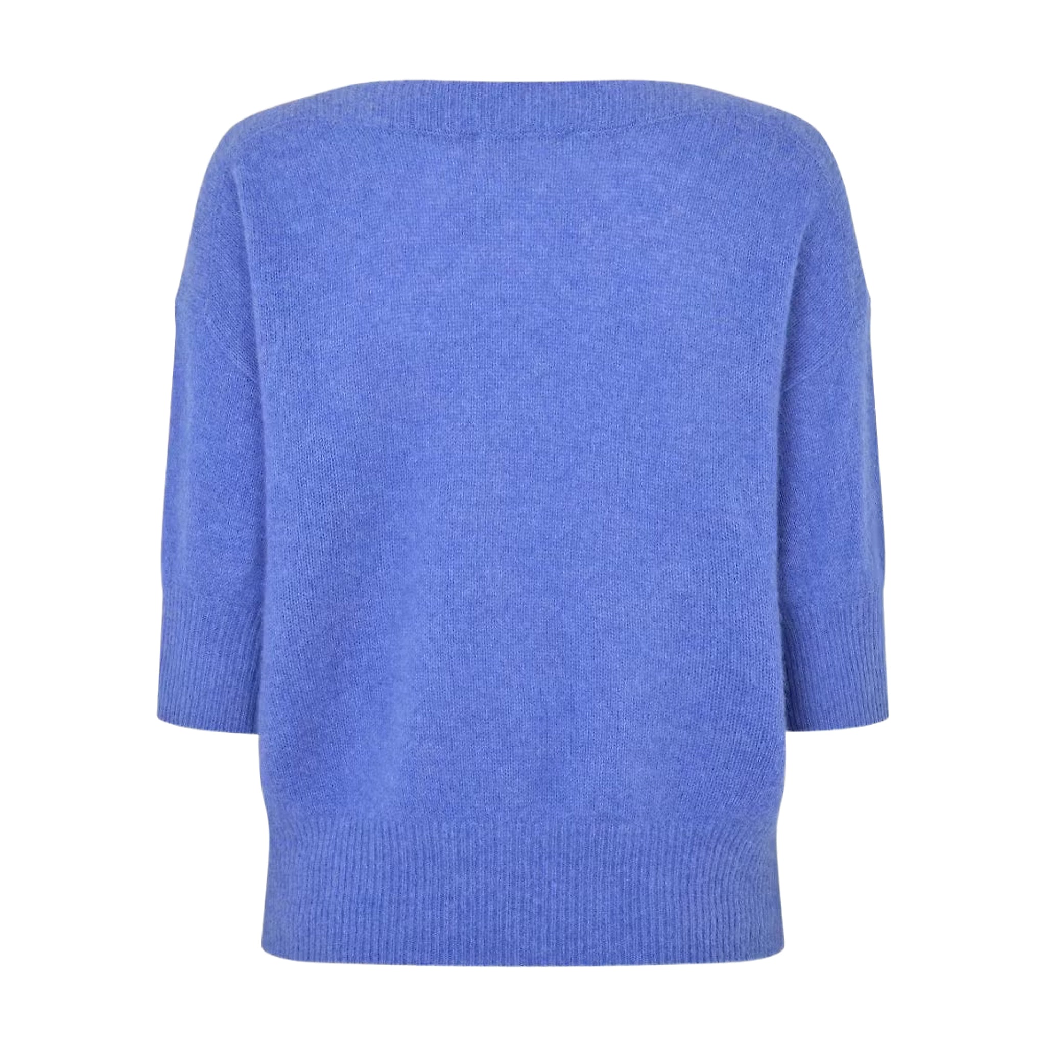 Blå strik Moi Knit i Coastal Blue Melange set bagfra med brede ribkanter ved ærmer og forneden