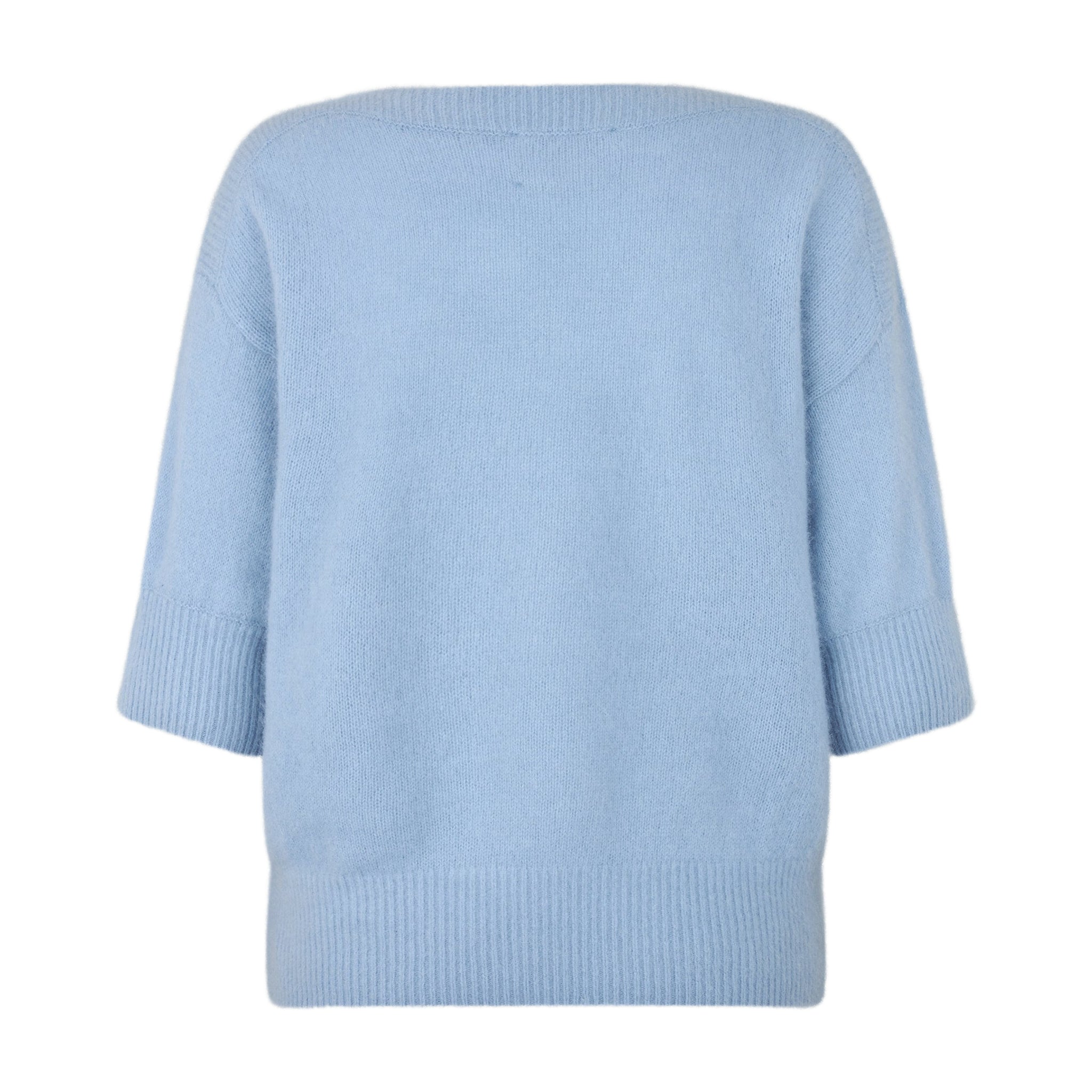Lyseblå strik Moi Knit i Sky Blue fra Six Ames bagfra med bred ribkant forneden