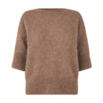 Brun strik Moi Knit i Acorn Melange fra Six Ames set forfra med korte ærmer og brede ribkanter