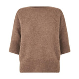 Brun strik Moi Knit i Acorn Melange fra Six Ames set forfra med korte ærmer og brede ribkanter