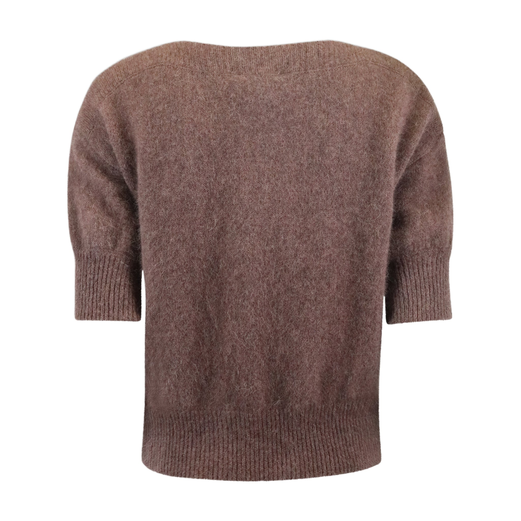 Moi Knit brun strik fra Six Ames set bagfra med luftig, meleret overflade og bred ribkant forneden