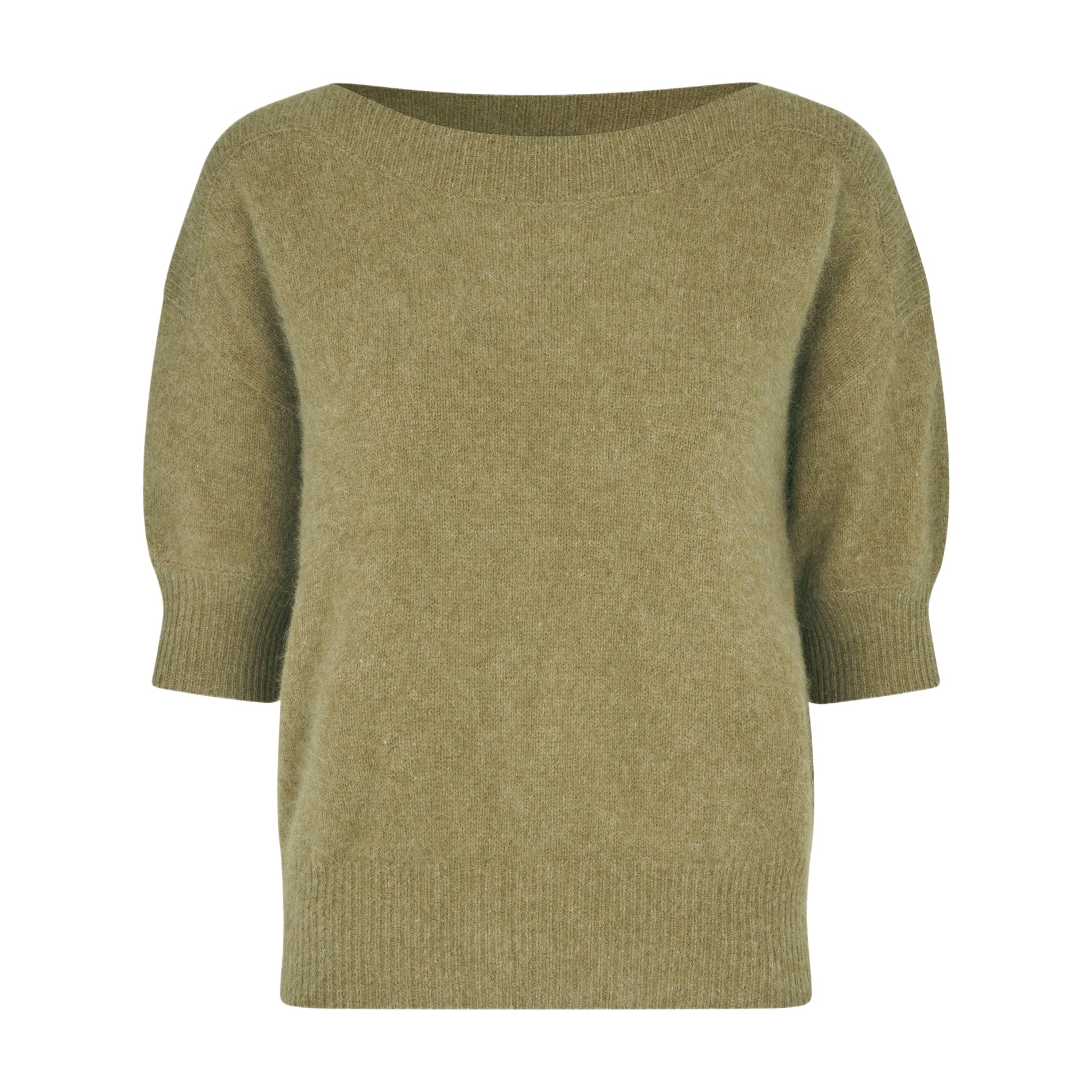 Grøn Moi Knit strik i Olive Green Melange med korte ærmer og bred halsudskæring, set forfra