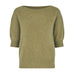 Grøn Moi Knit strik i Olive Green Melange med korte ærmer og bred halsudskæring, set forfra