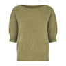 Grøn Moi Knit strik i Olive Green Melange med korte ærmer og bred halsudskæring, set forfra