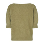 Grøn Moi Knit strik i Olive Green Melange med ribkanter ved ærmer og nederkant, set bagfra