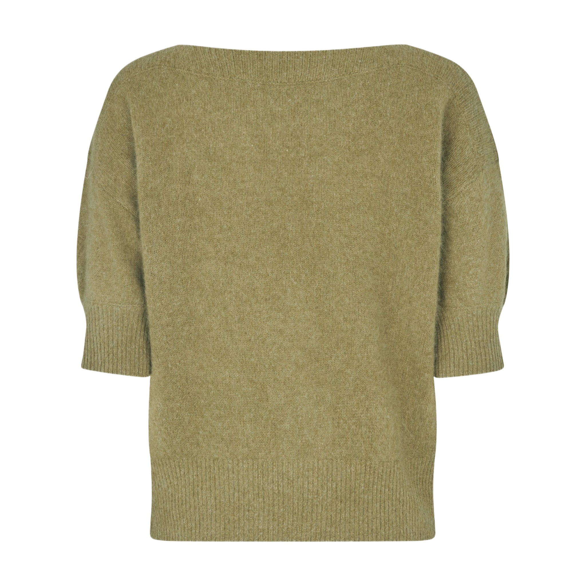 Grøn Moi Knit strik i Olive Green Melange med ribkanter ved ærmer og nederkant, set bagfra