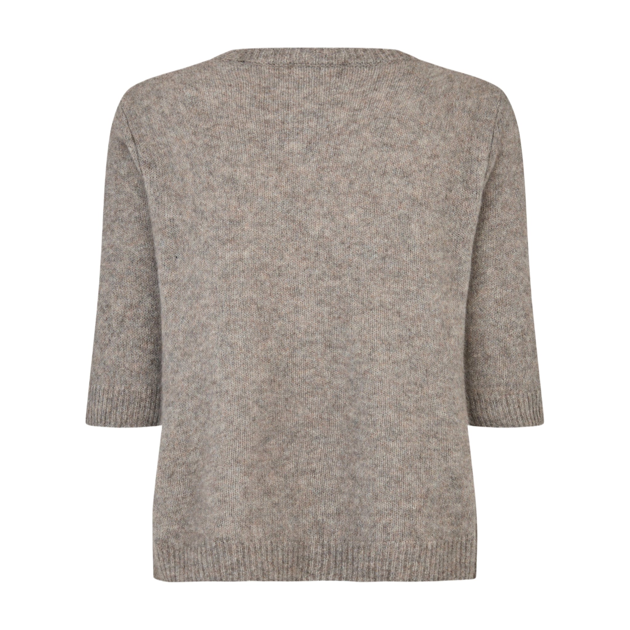 Oda Cardigan beige kortærmet strik fra Six Ames set bagfra med ribkant ved hals, ærmer og bund