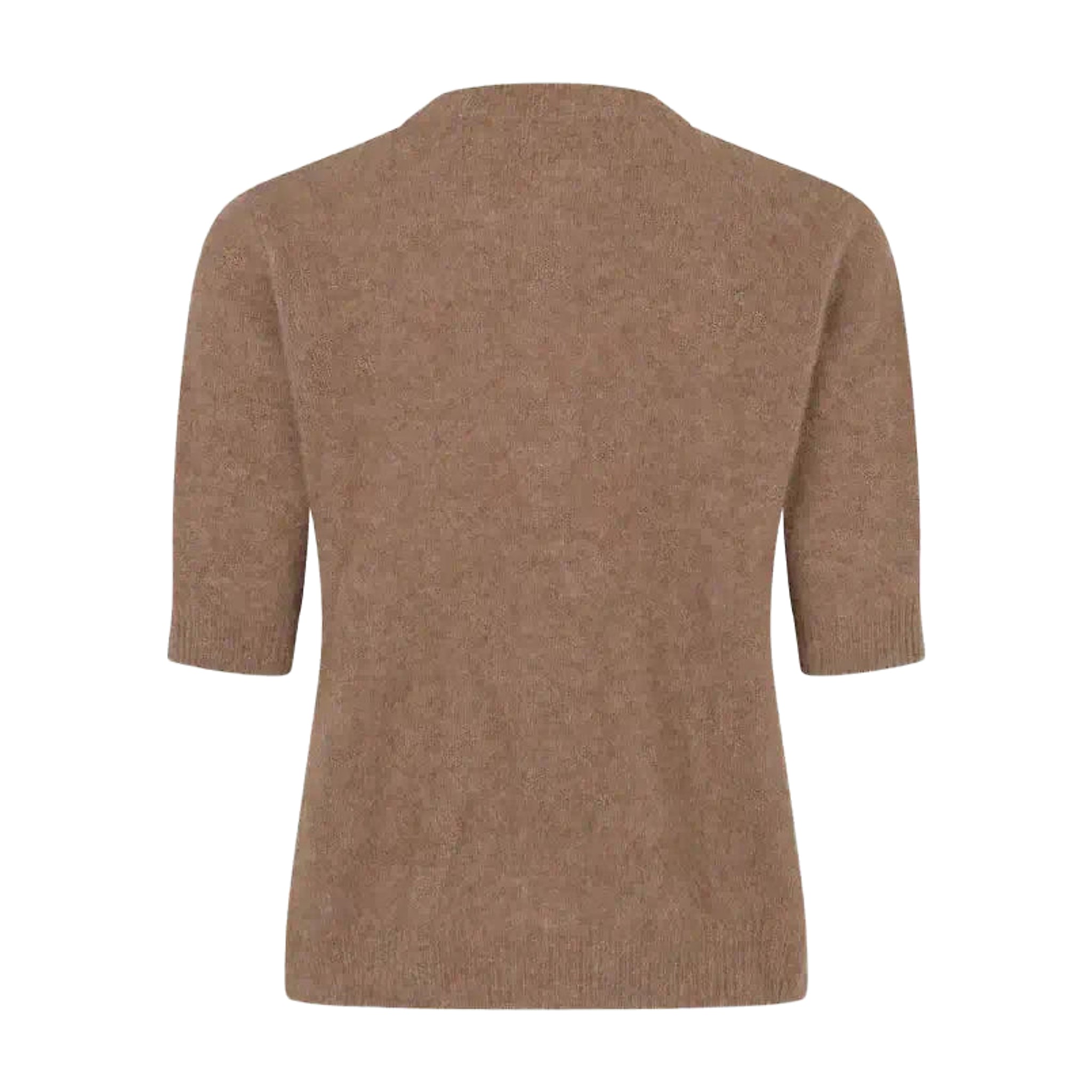 Brun kortærmet strik Oda Knit fra Six Ames i Acorn Melange set bagfra med ribkant forneden og ved ærmerne