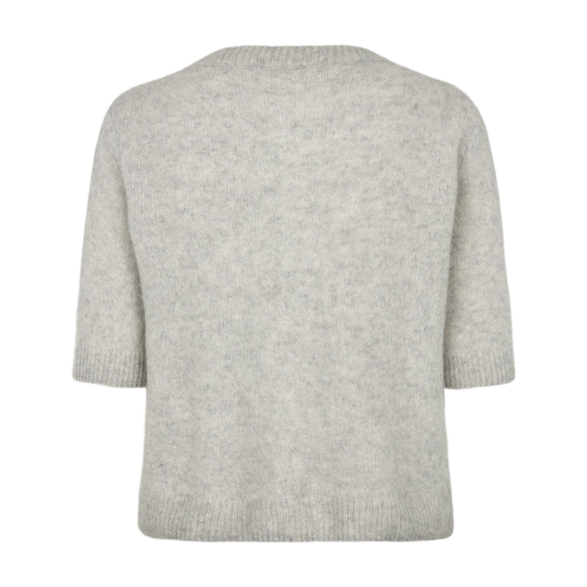Grå kortærmet strik Oda Knit fra Six Ames set bagfra med ribkanter ved hals, ærmer og forneden