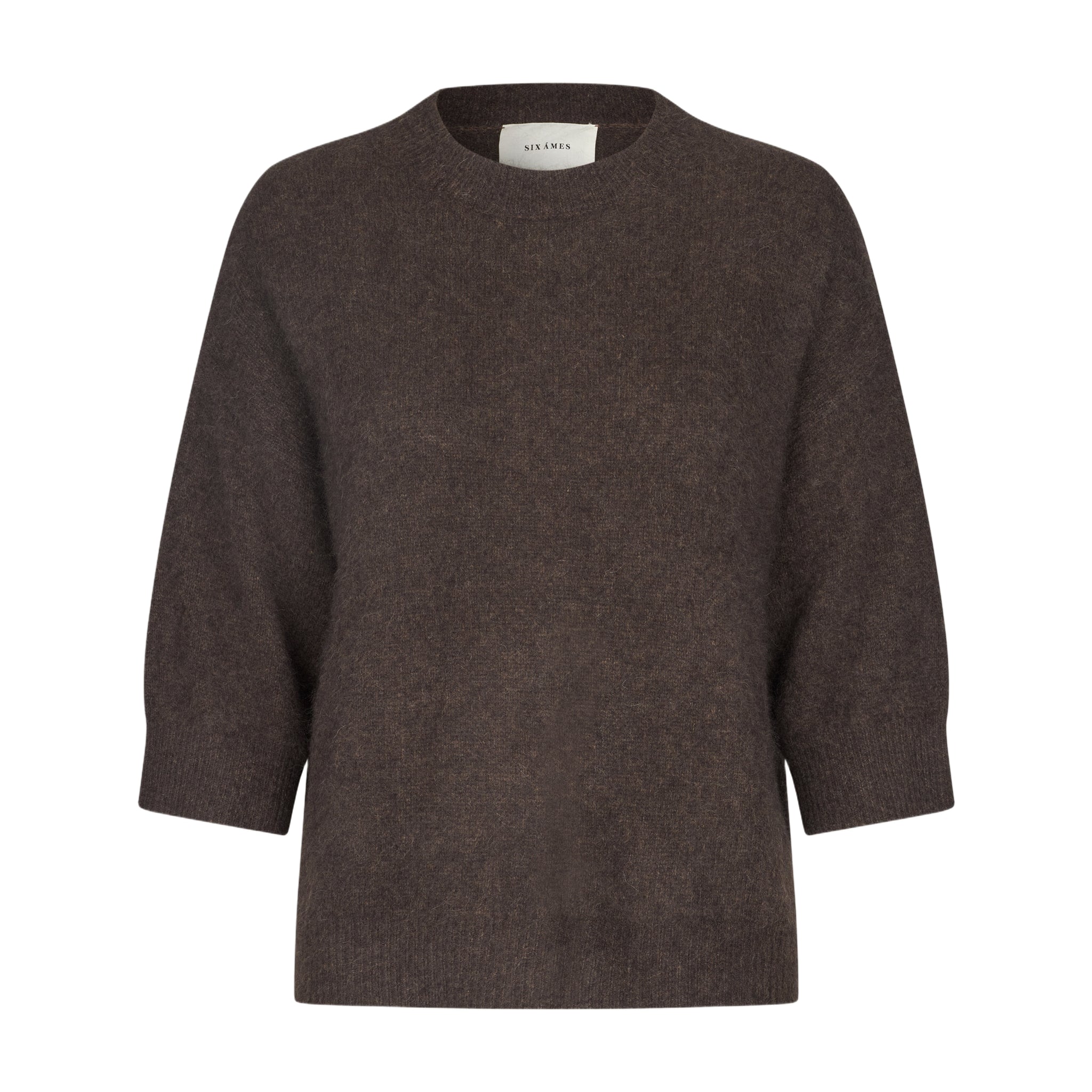 Brun strik Ola Knit fra Six Ames i Espresso Brown med rund hals og vide ærmer, set forfra