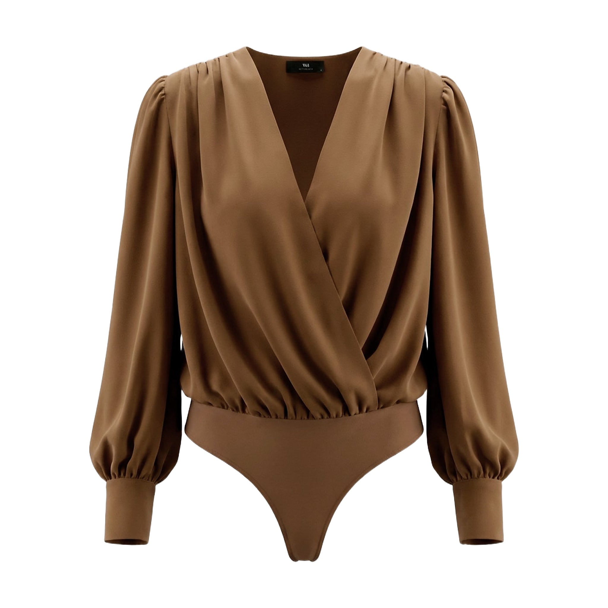 Brun bodystocking i crepe med indpakket forstykke, V-udskæring og lange ærmer, set forfra uden model