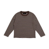 Brun og hvid stribet langærmet t-shirt fra WithBlack med rund halsudskæring, lagt fladt forfra