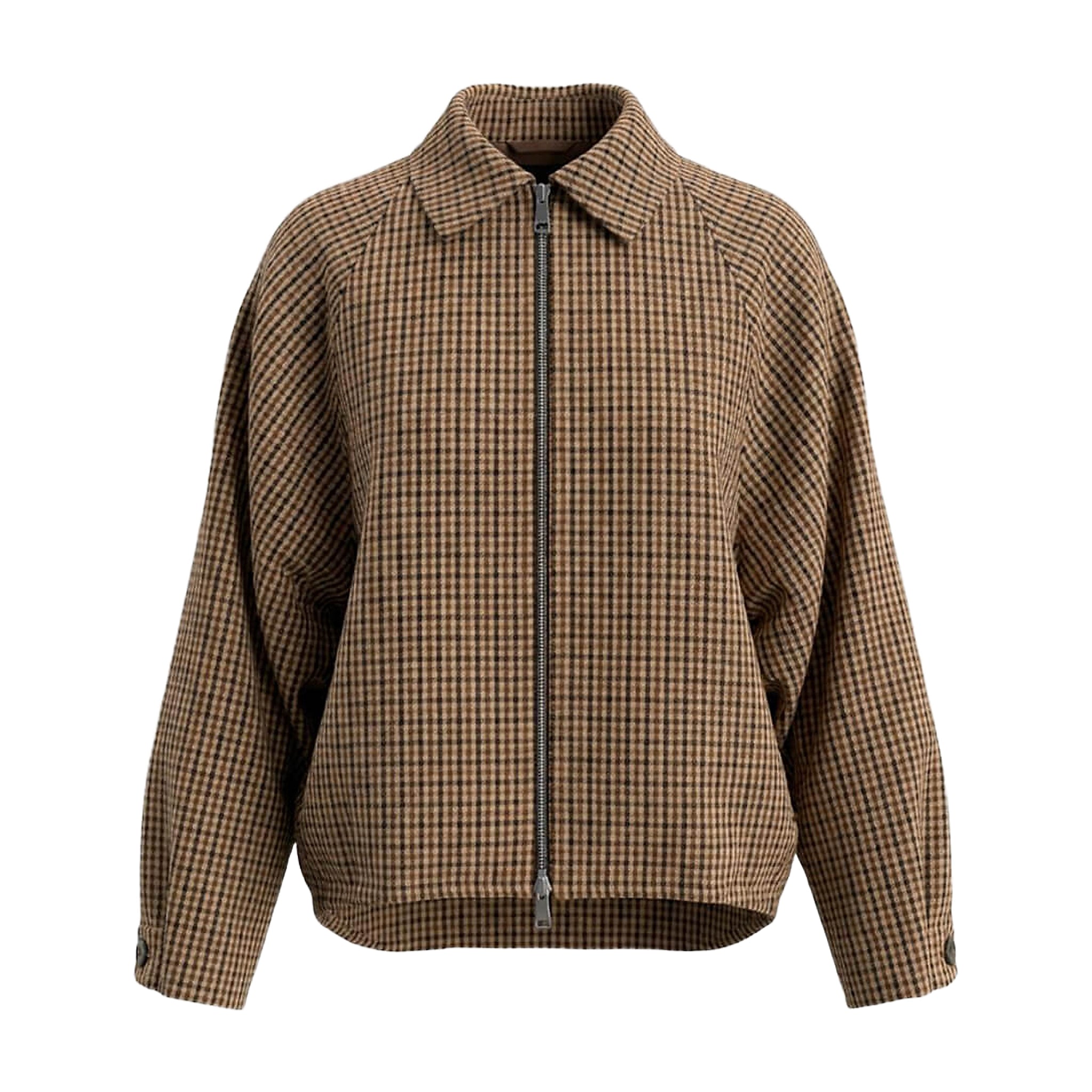 Brun og beige ternet jakke med klassisk krave og lynlås, set forfra på lys baggrund