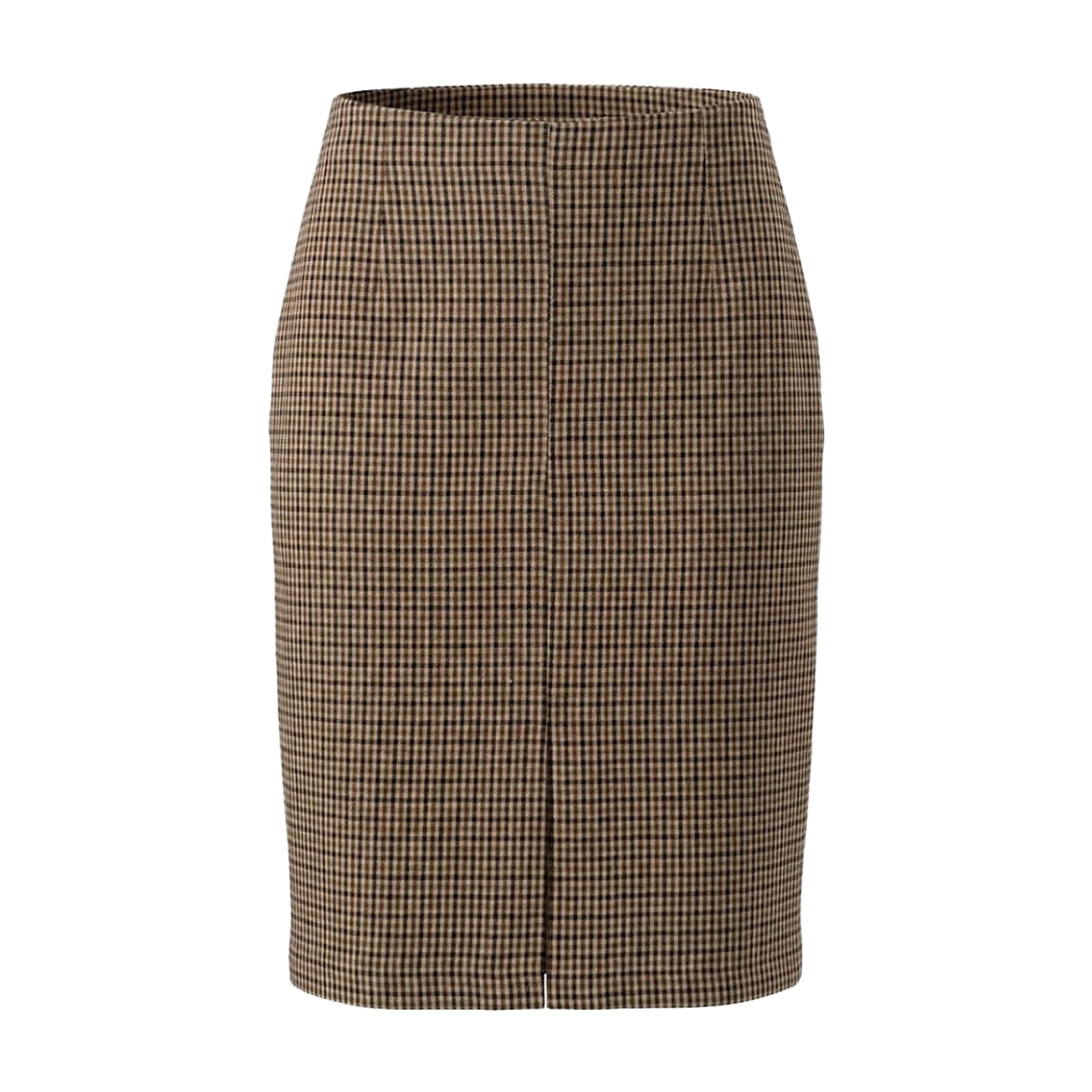 Ternet nederdel i brun og beige med slids foran, set forfra uden model
