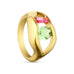 Guldfarvet Bali Ring fra Wolff Jewelry med bølget design, pink rektangulær sten og lysegrøn oval sten, set fra siden