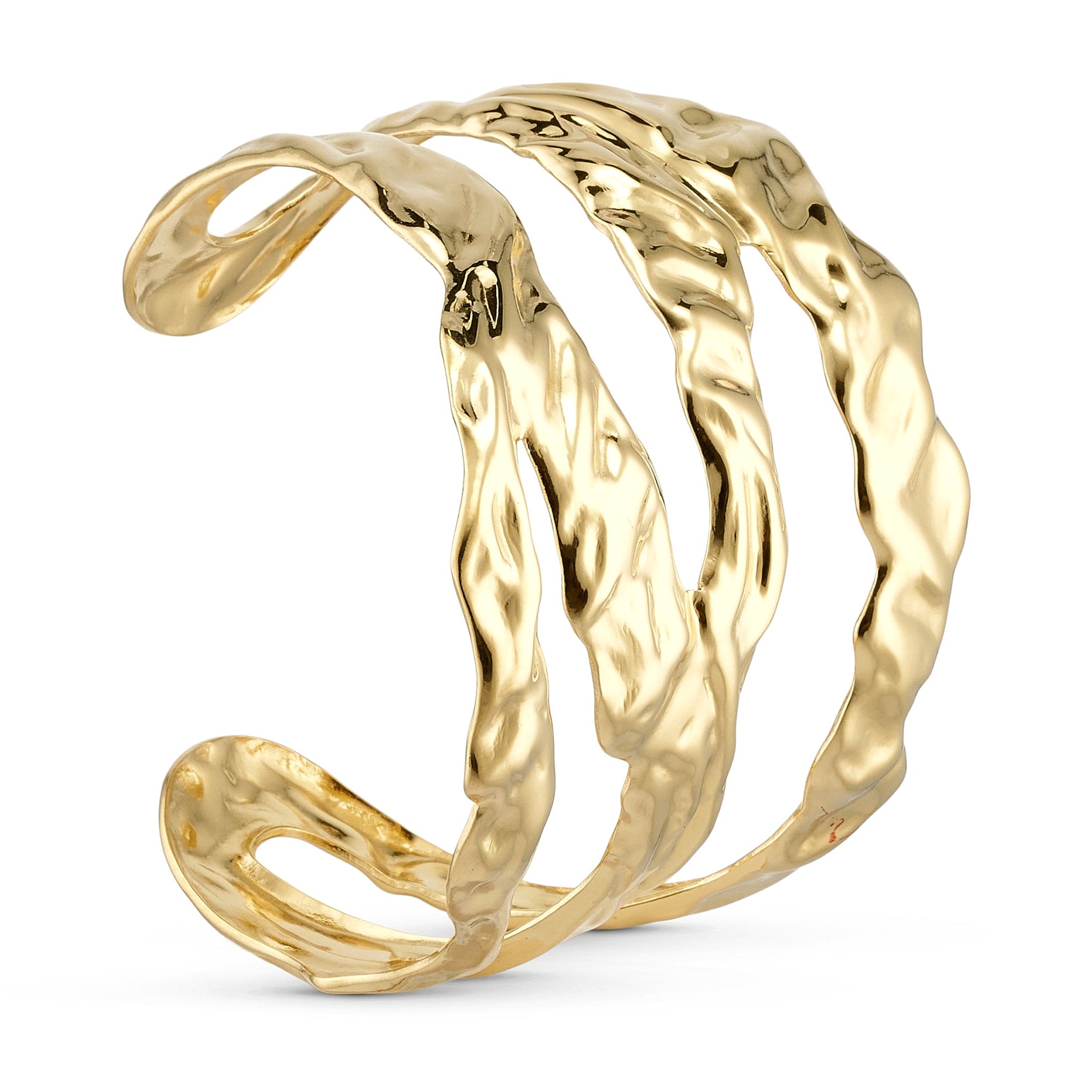 Bastic Bangle armbånd i guld fra Wolff Jewelry med tre bølgede bånd og krøllet overflade, set fra siden