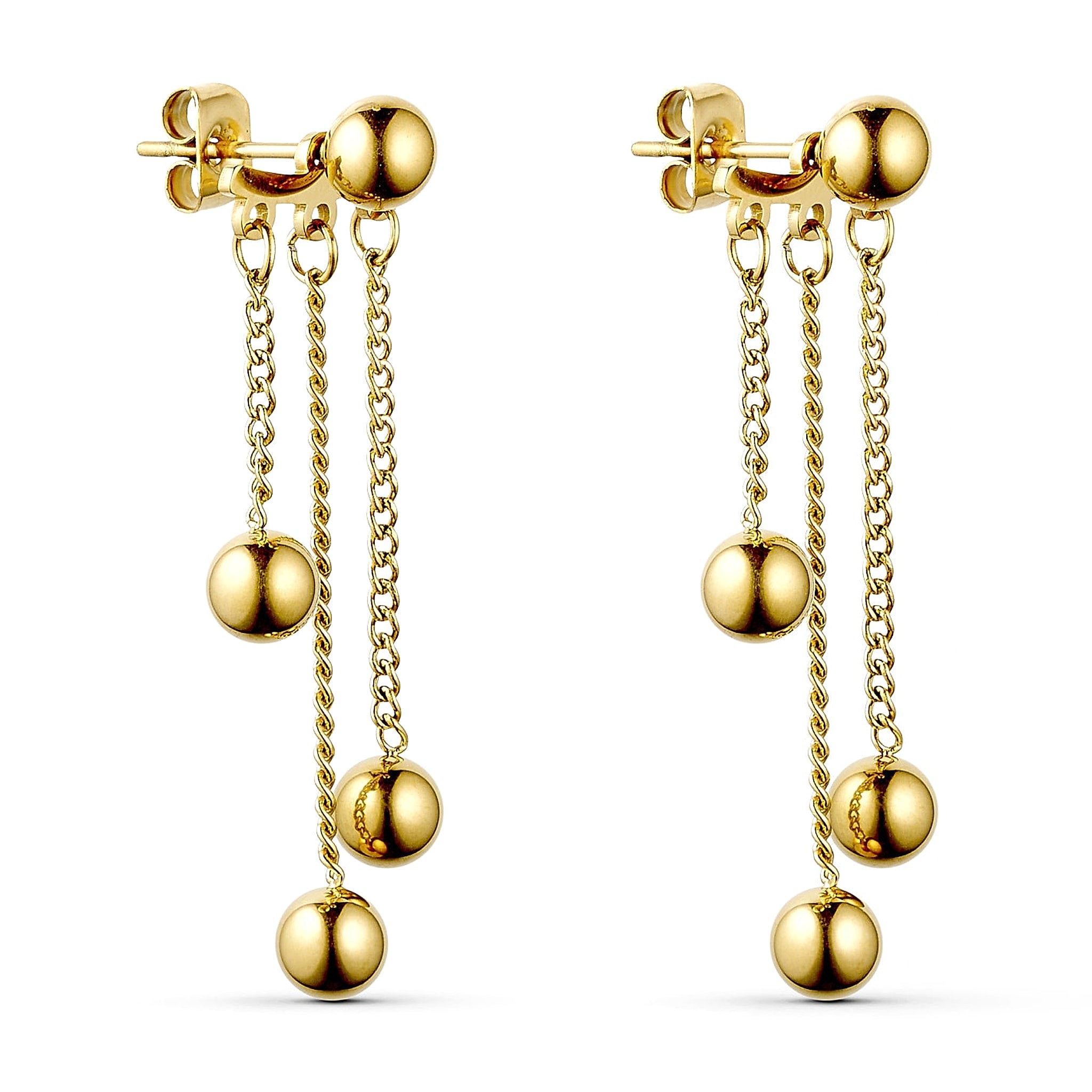 Big Boble ørering i guld fra Wolff Jewelry med kuglestik og tre kæder med kugler, vist som par på hvid baggrund
