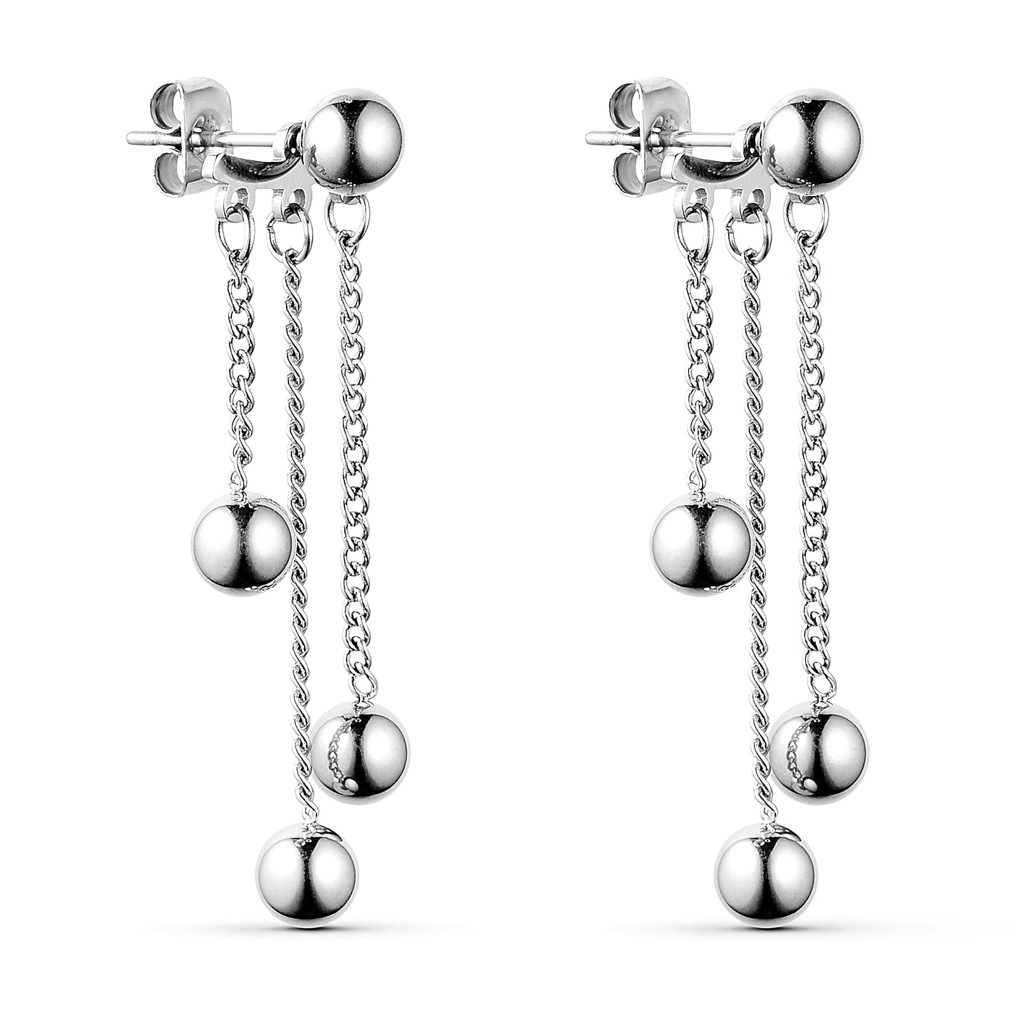 Sølvfarvet ørering Big Boble fra Wolff Jewelry med kuglestik og tre kæder med blanke kugler, vist som par forfra