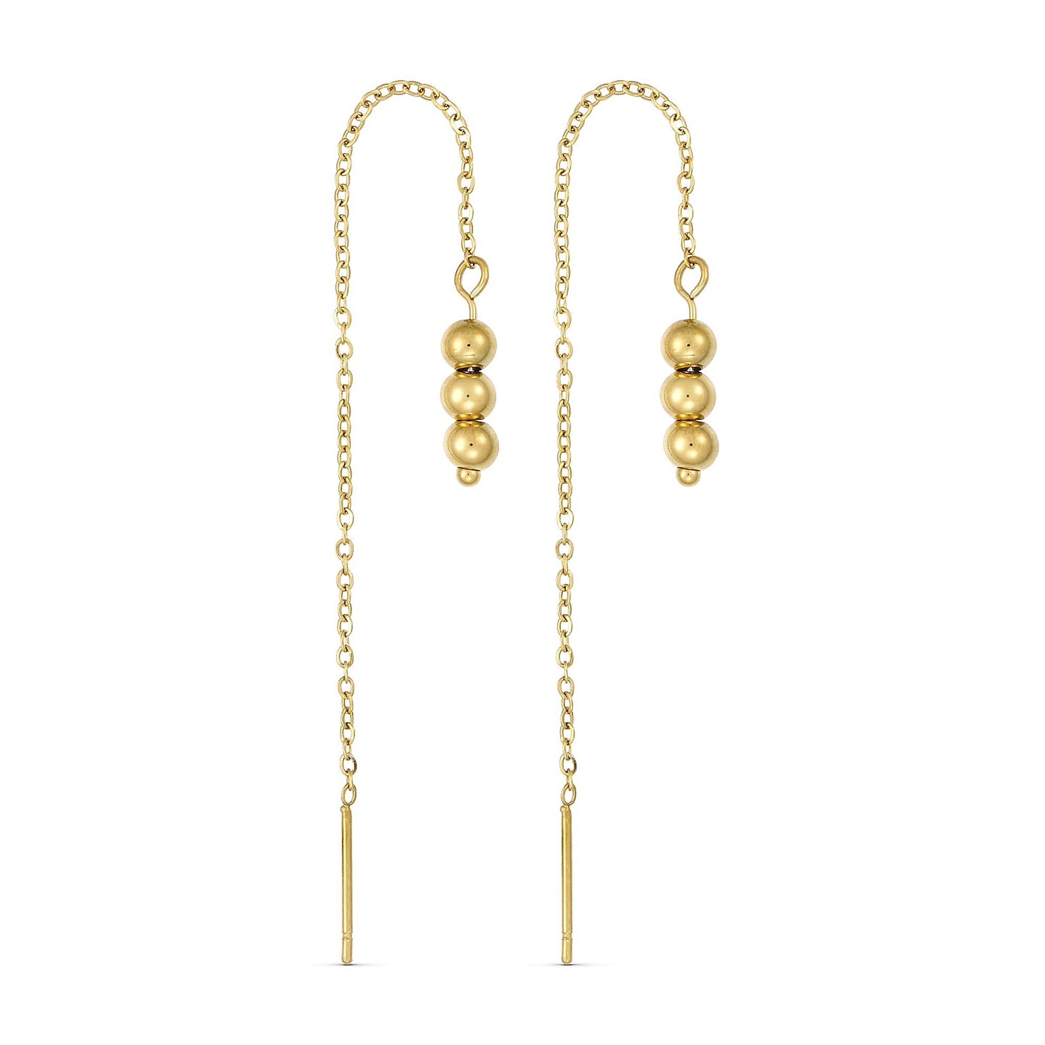Boble Chain Earring i guld fra Wolff Jewelry – ørering med kæde, stift og tre små kugler på lys baggrund