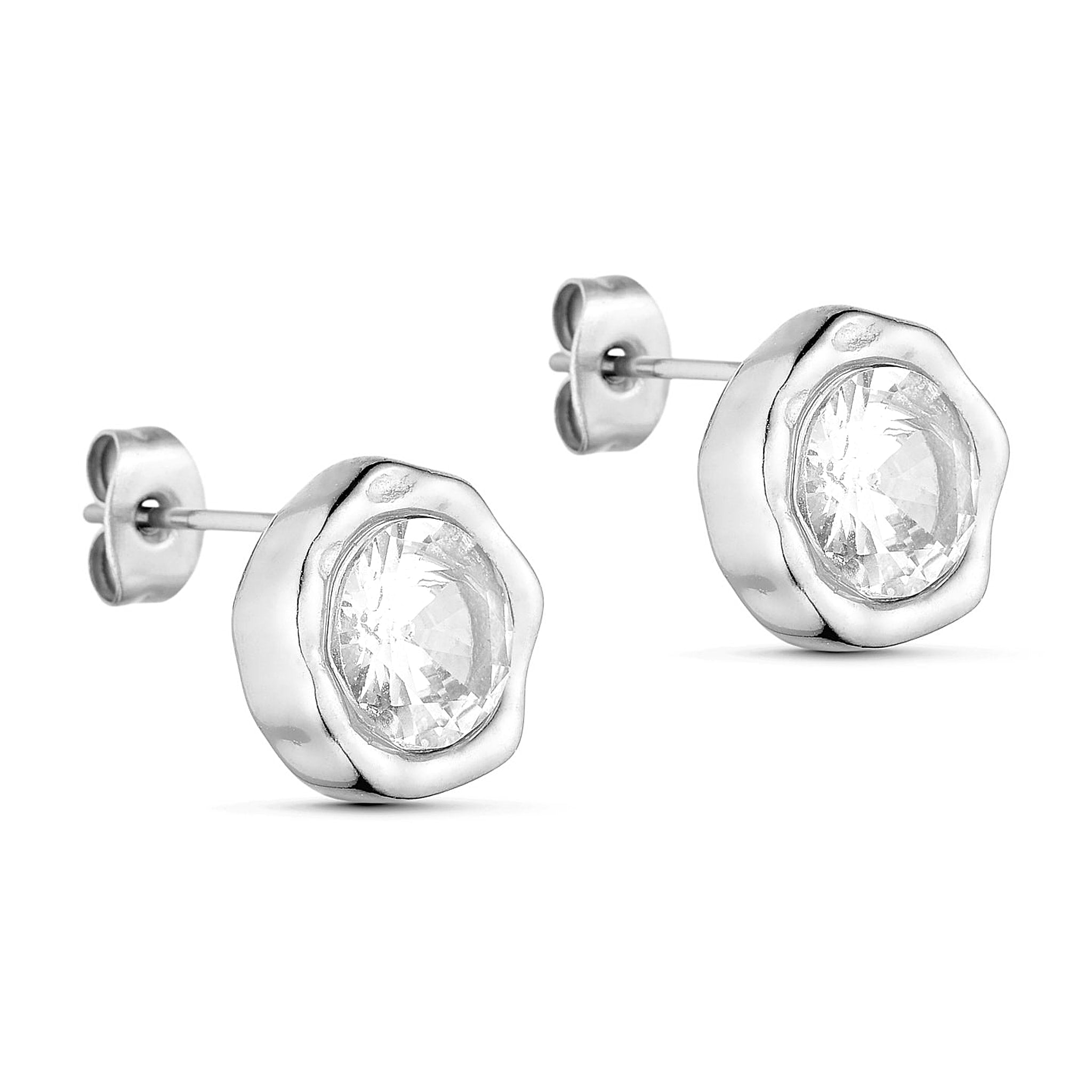 Sølv øreringe med klar sten og bølget kant, Boble Crystal Earstud fra Wolff Jewelry, set skråt fra siden