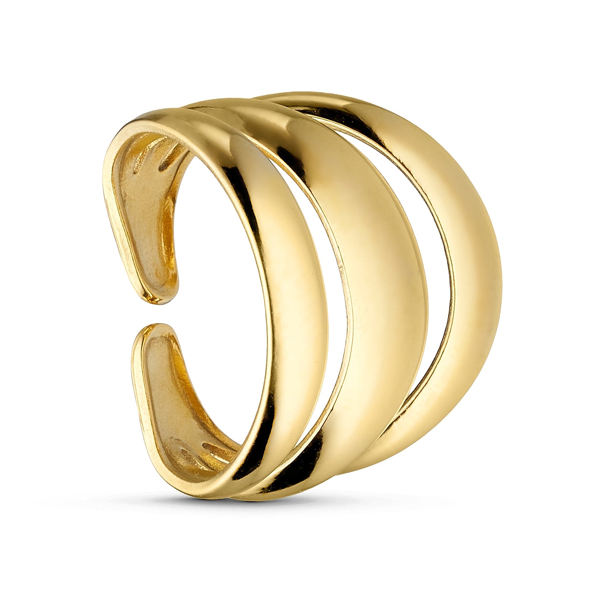 Bomby Big Ring i guld fra Wolff Jewelry med tre blanke, buede bånd, set fra siden med den åbne del synlig