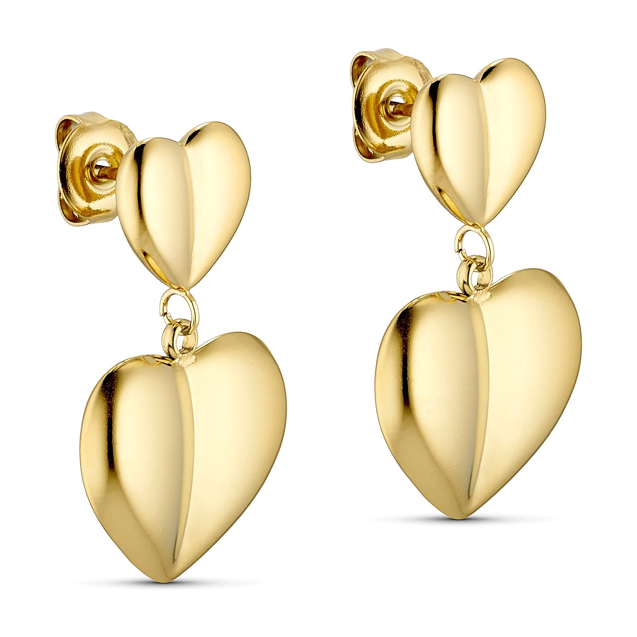 Bomby Heart Earrings øreringe i guld fra Wolff Jewelry med lille hjerte øverst og større hængende hjerte, set skråt