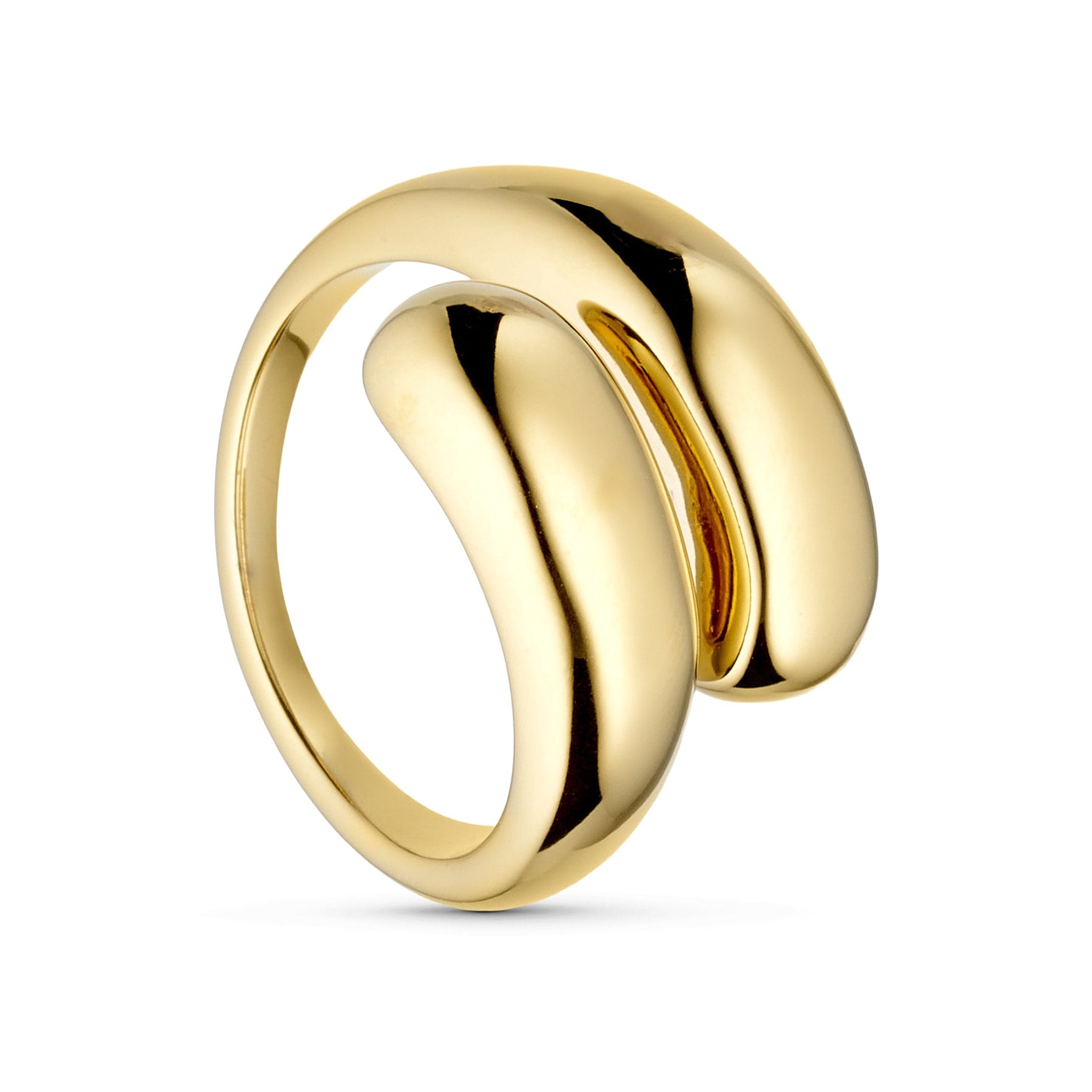 Bomby ring i guld fra Wolff Jewelry med åbent design og to buttede ender, set skråt fra siden