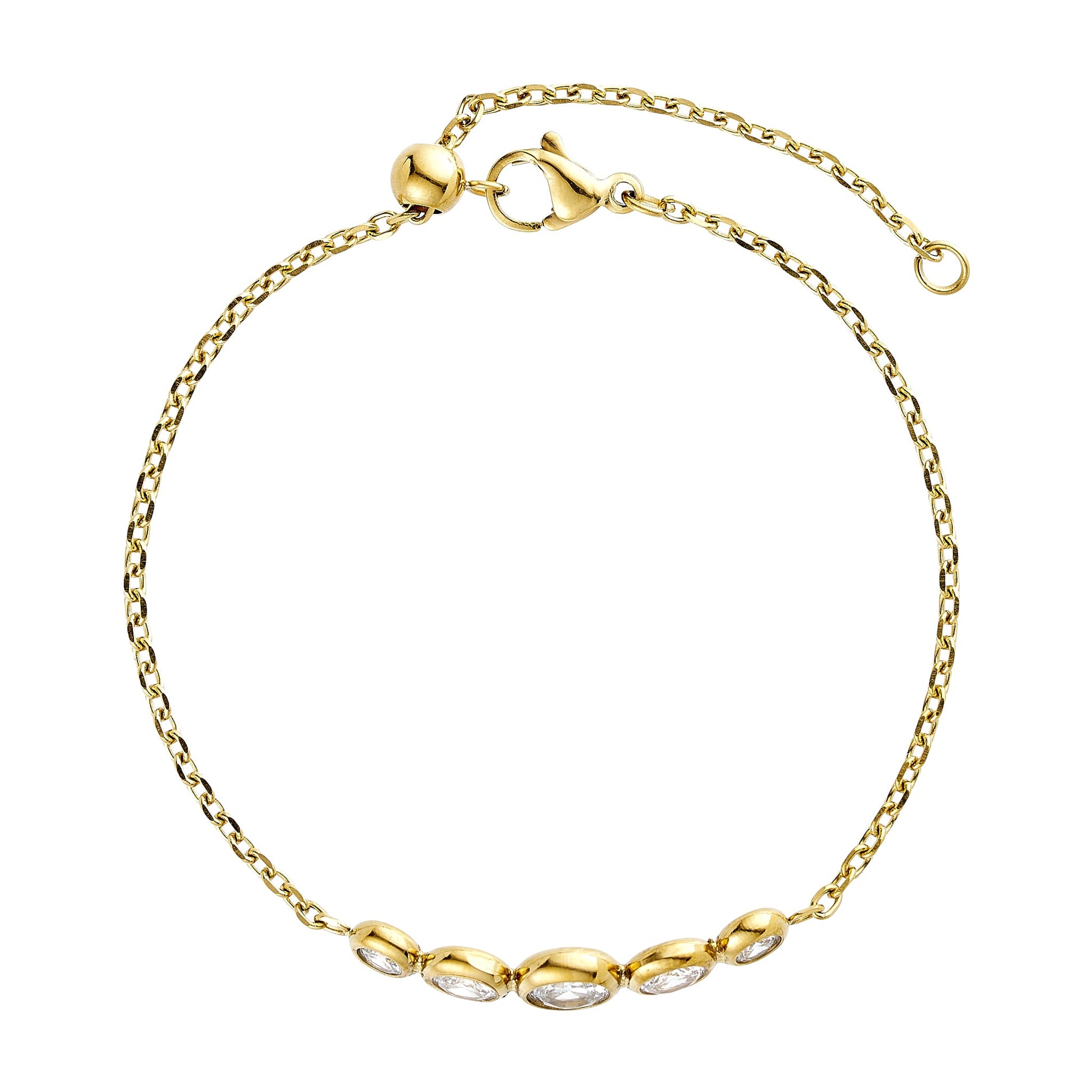 Armbånd i guld fra Wolff Jewelry med fem ovale klare sten, karabinlås og forlængerkæde på hvid baggrund