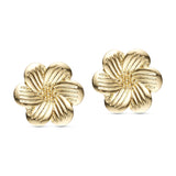 Guldfarvet button cover fra Wolff Jewelry formet som en blomst med riller i kronbladene, vist i to stk. forfra