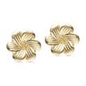 Guldfarvet button cover fra Wolff Jewelry formet som en blomst med riller i kronbladene, vist i to stk. forfra