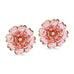 To pink button covers formet som store blomster med hjerteformede kronblade, guldfarvede kanter og hvid sten
