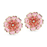 To pink button covers formet som store blomster med hjerteformede kronblade, guldfarvede kanter og hvid sten