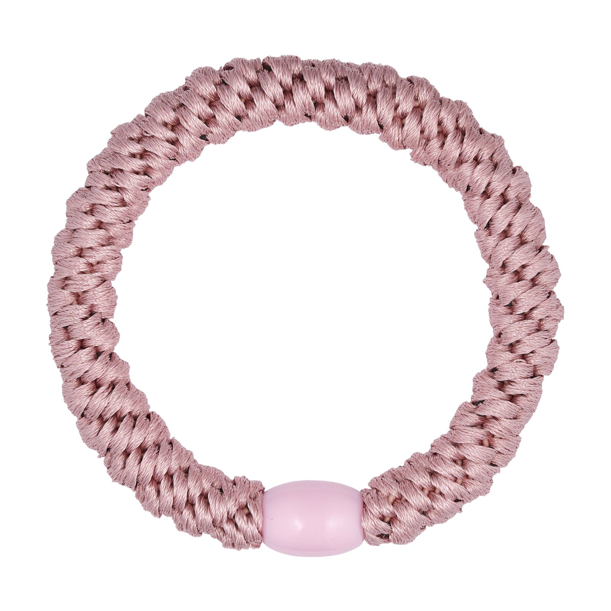 Pink hårelastik i Old Rose fra Wolff Jewelry, flettet med lyserød perle, set ovenfra