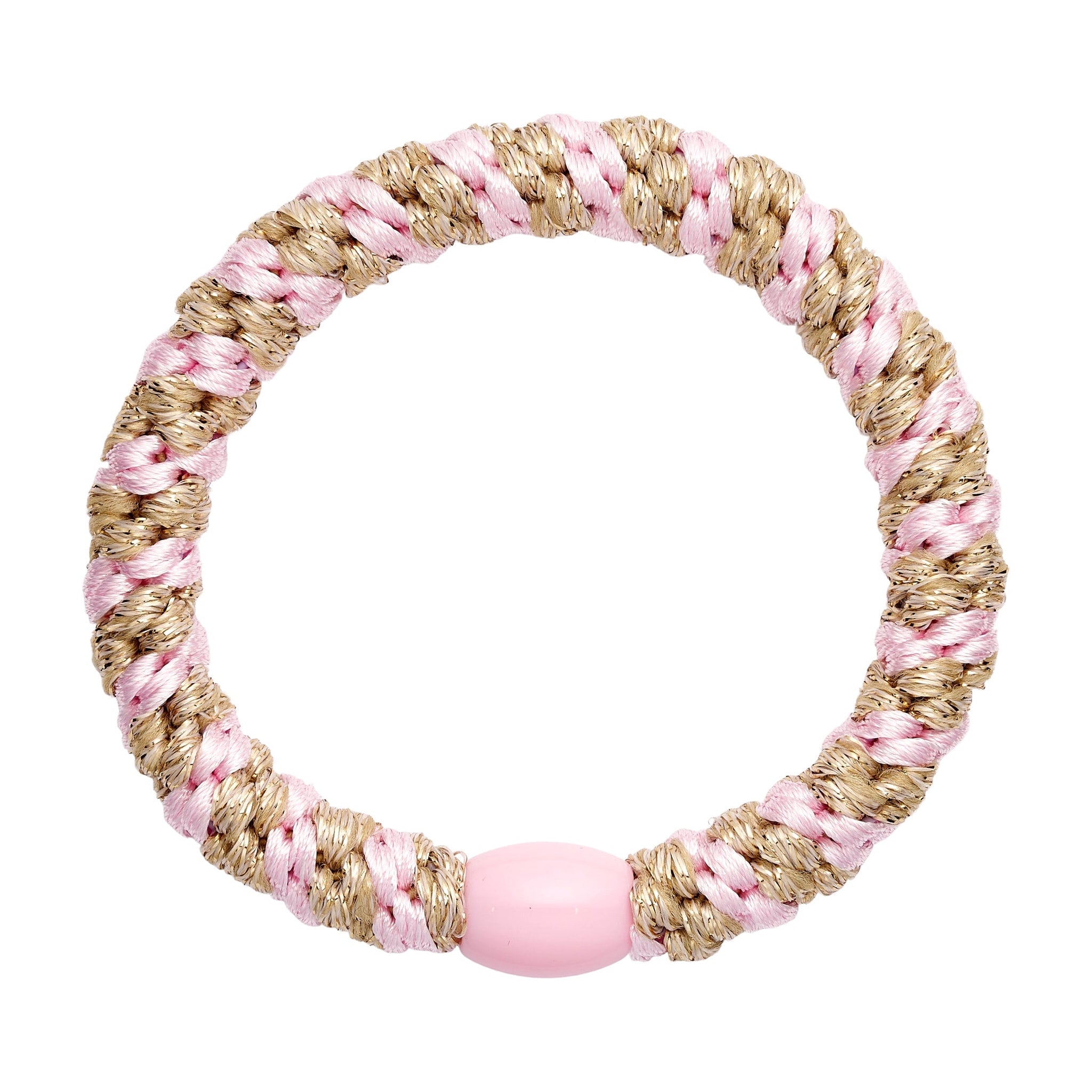 Pink og guldfarvet flettet hårelastik fra Wolff Jewelry med lyserød perle i plastik, set ovenfra