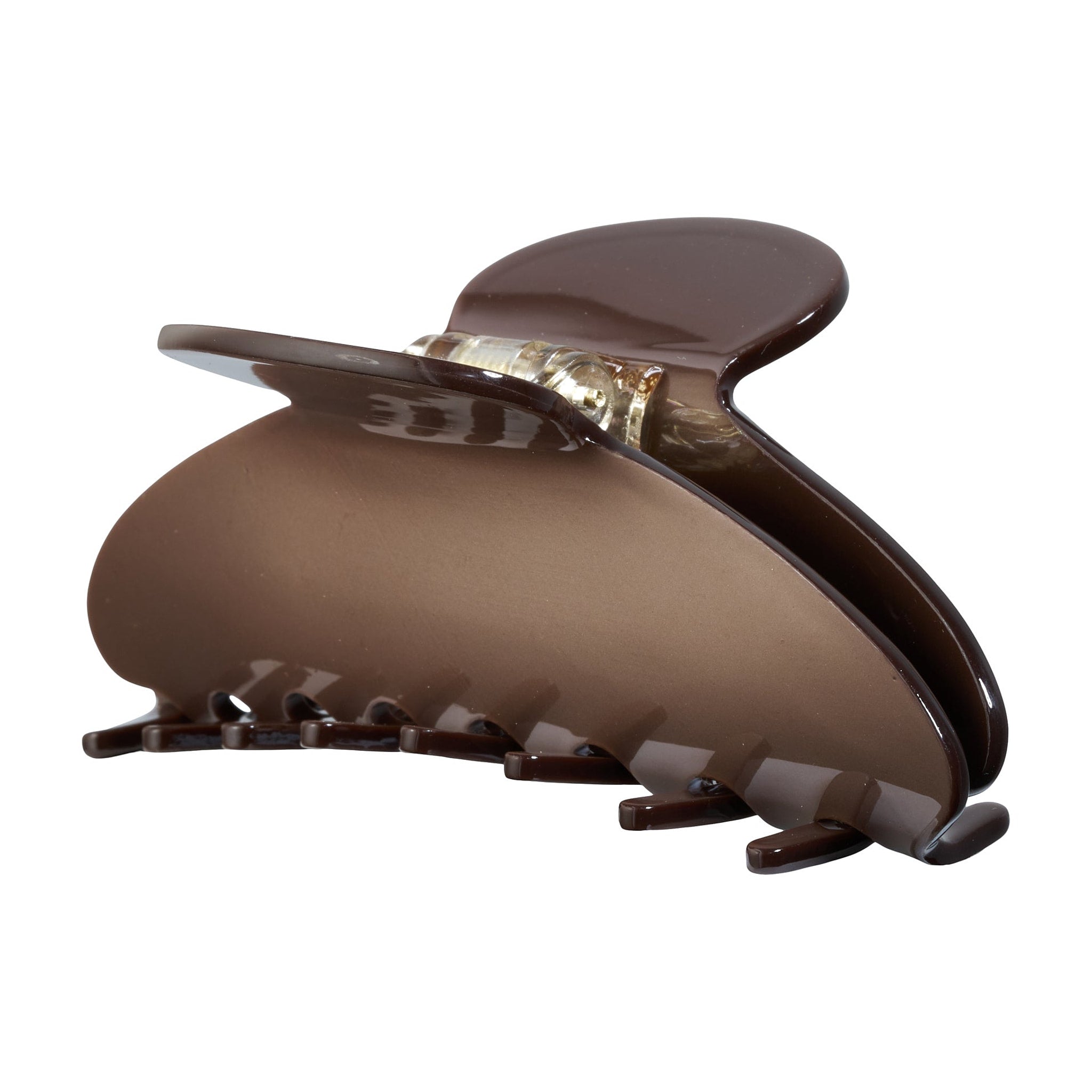 Brun hårklemme i acetat fra Wolff Jewelry i farven Chocolate set fra siden med tænder og fjeder