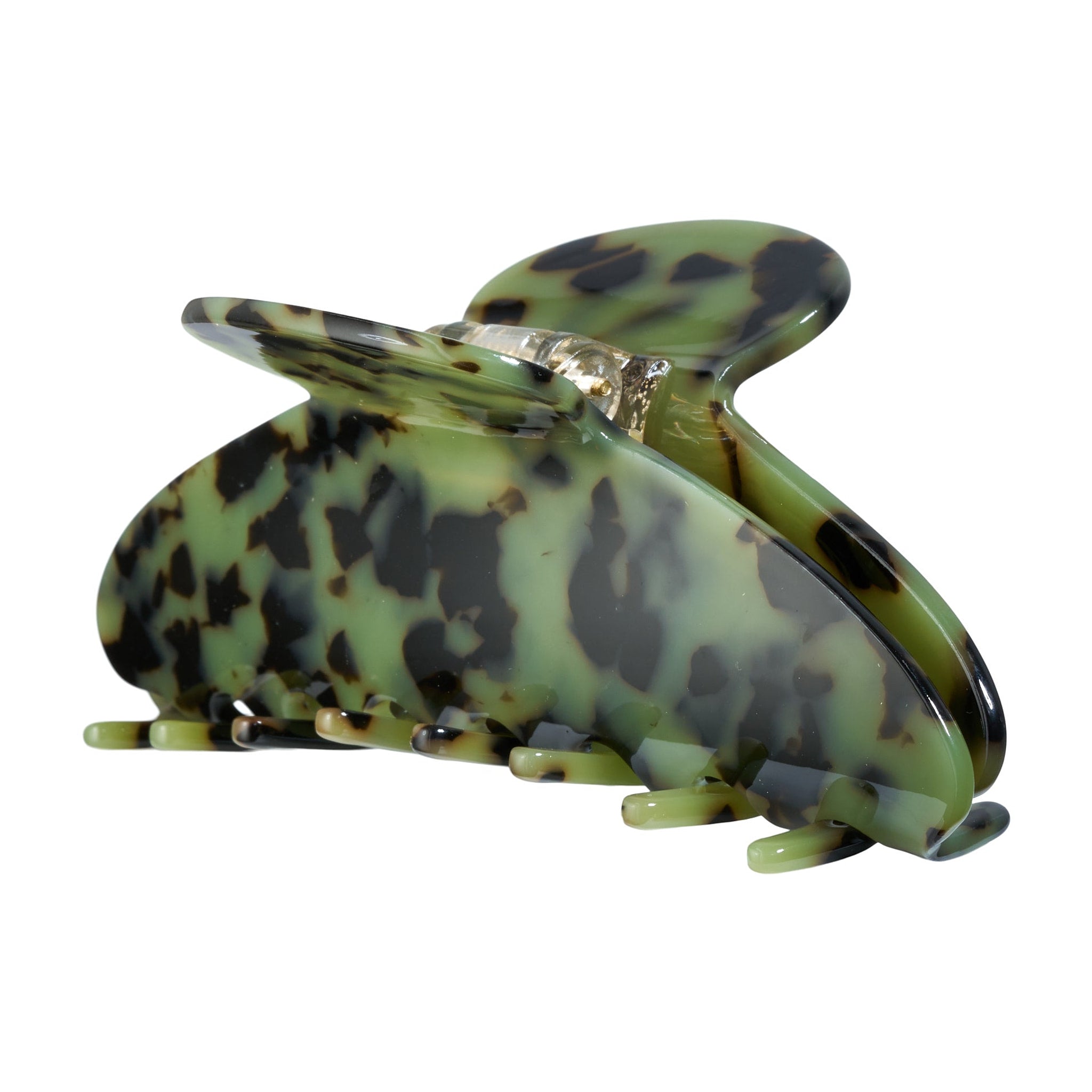 Grøn hårklemme med camouflage-mønster fra Wolff Jewelry set fra siden