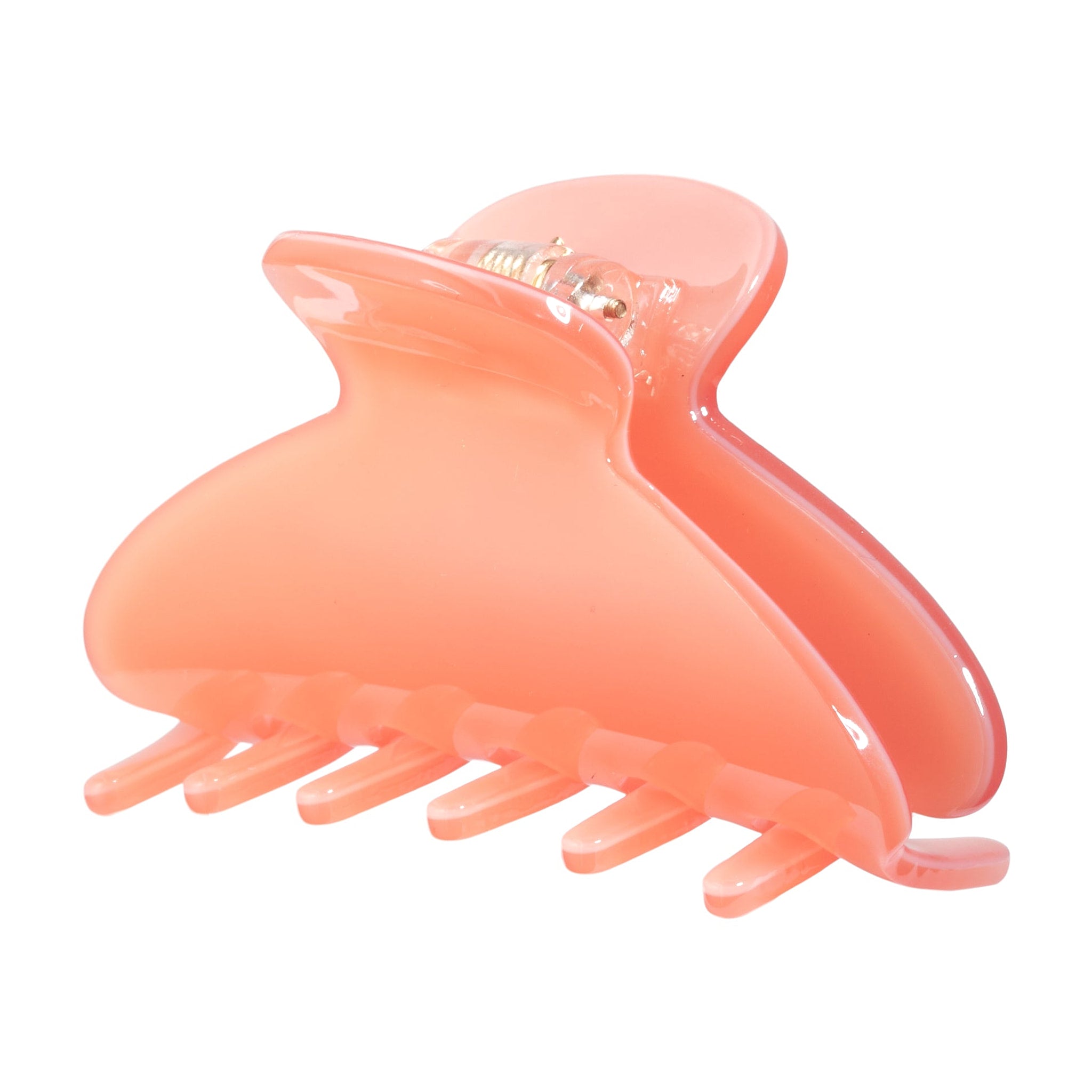 Pink hårklemme i acetat fra Wolff Jewelry i farven Rose set fra siden med blank overflade og fjeder i metal