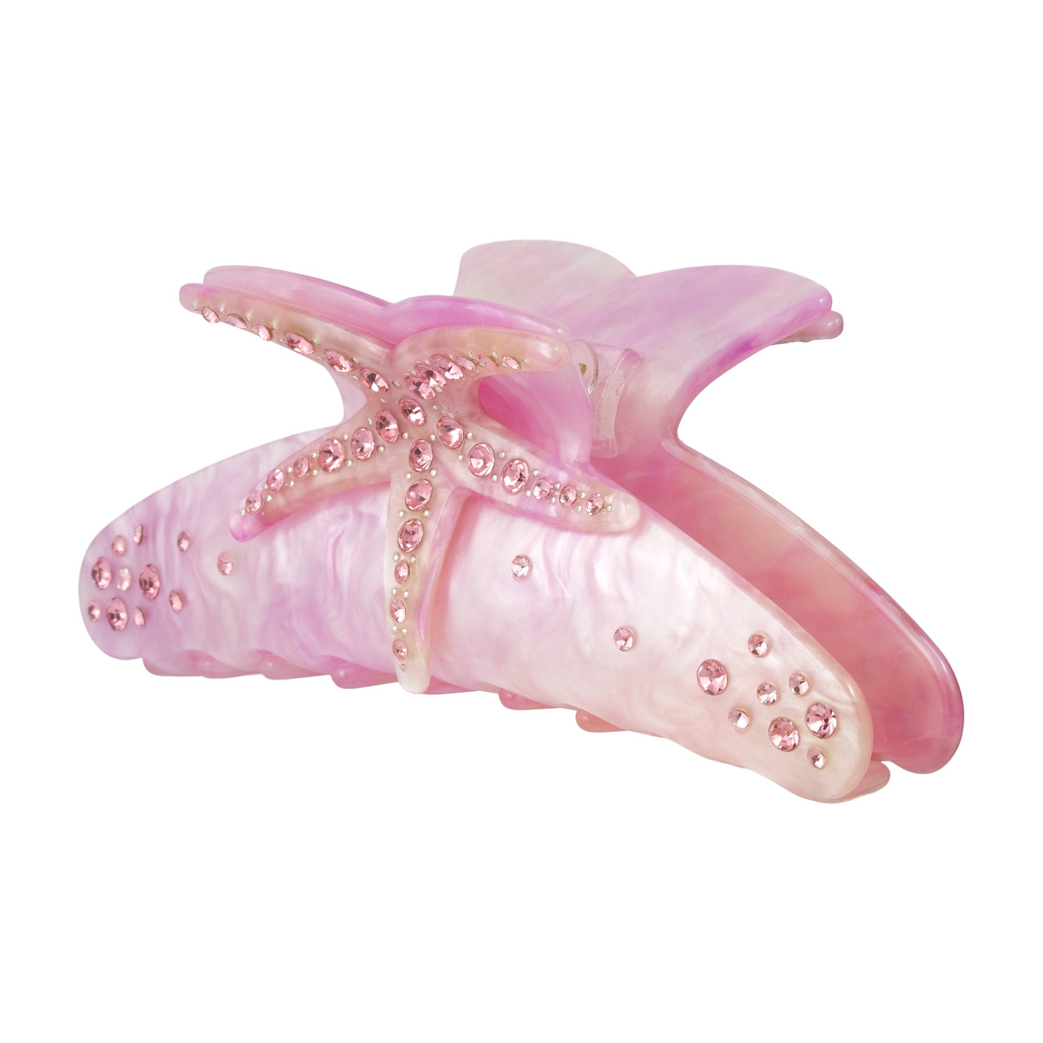 Pink marmoreret hårklemme i farven Rose fra Wolff Jewelry med søstjerne og lyserøde sten, set skråt fra siden