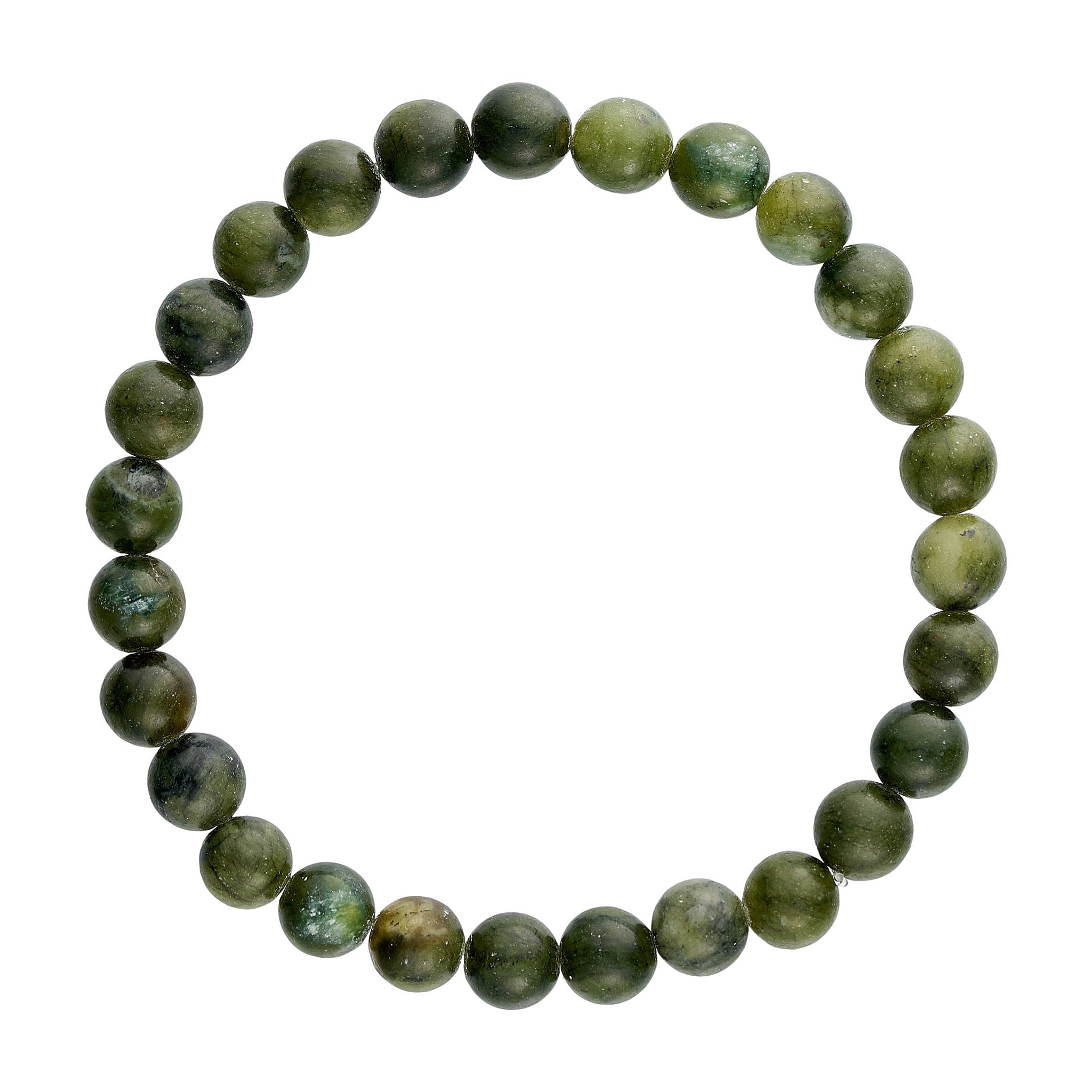 Grønt elastisk armbånd med runde naturlige stenperler i Army, set ovenfra på hvid baggrund