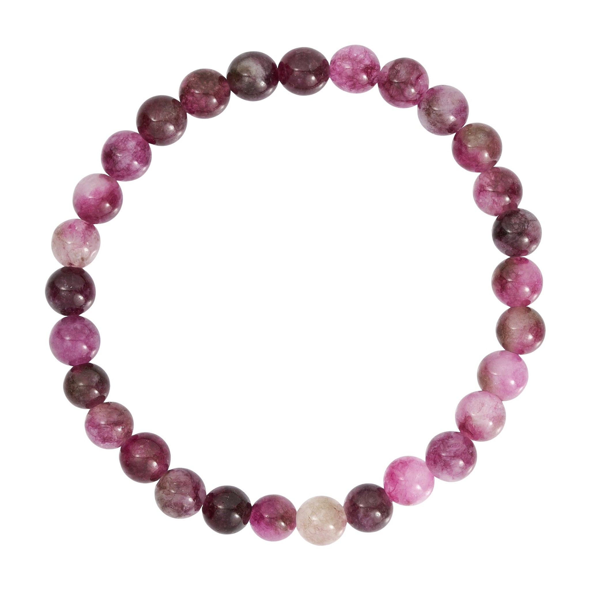 Rødt armbånd Jalle Pearl Bracelet i Bordeaux med runde stenperler i bordeaux og pink, set ovenfra på hvid baggrund